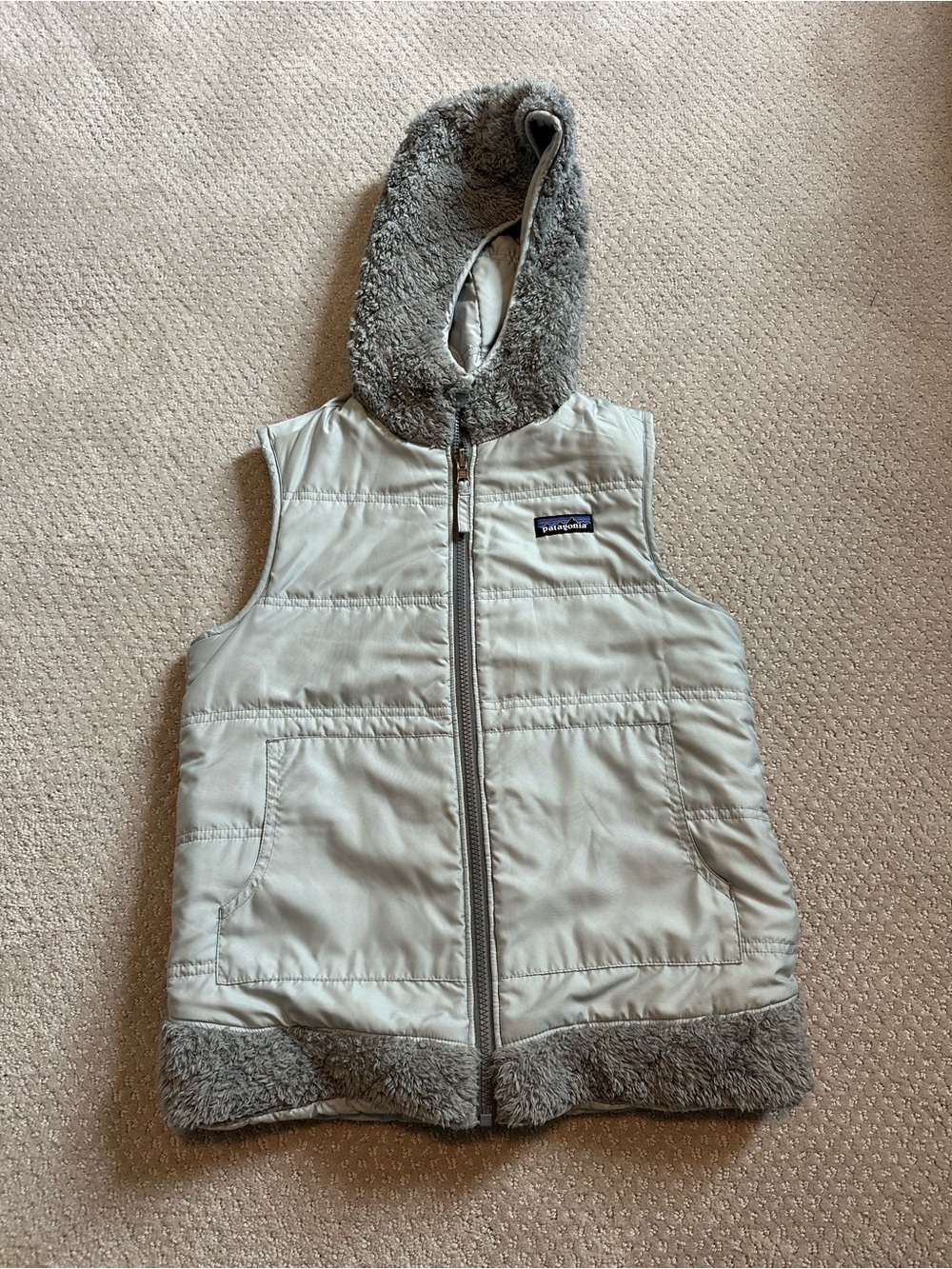 Patagonia Light Gray Quilted Hooded Vest with Gray Faux Fur Trim